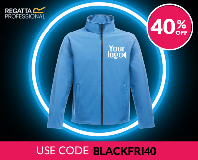 A blue jacket with the placeholder text 'your logo.' The background has a neon circle design, with the Beechfield brand logo and a circular badge displaying '40% off.' A pink banner at the bottom says 'Use code BLACKFRI40'.